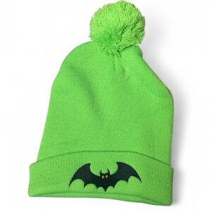 Bright green beanie hat with black embroidered bat
